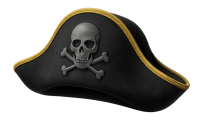 Black pirate hat with a skull and crossbones emblem and gold trim on transparent background.