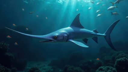 Fototapeta premium A large fish with a long, slender snout swims through the deep blue ocean.