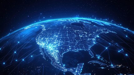 Obraz premium Glowing North American continent at night, overlaid with satellite communication arcs and data points in a blue-and-neon tech style, sci-fi themed