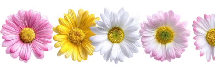 Four colorful daisy flowers in a horizontal row