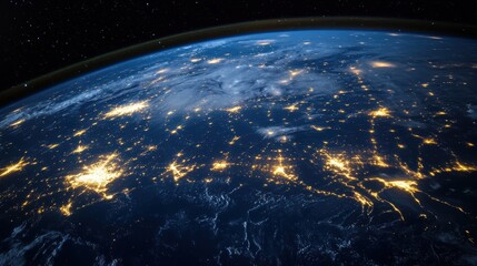High-resolution view of Earth night side showing densely populated city light networks, global connectivity concept, seen from satellite orbit
