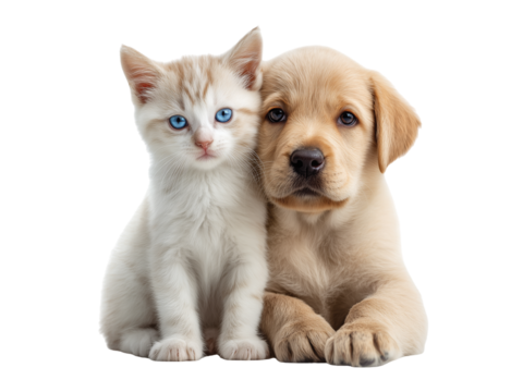 Adorable kitten and puppy cat, dog, best friends isolated on transparent background png