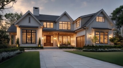 Grand Home Featuring Manicured Lawn and Driveway During the Early Evening