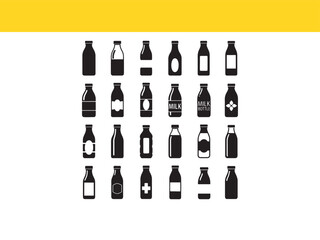 A versatile collection of black silhouette bottle icons for various beverages and products, isolated on a white background.