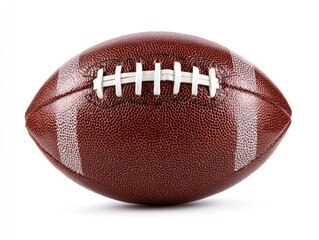 Close-up of a brown American football on white background.  Stitched leather ball, oval shape, with white laces