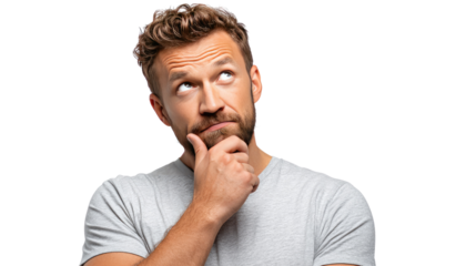 Thoughtful Consideration: A man gazes upwards with a thoughtful expression, hand at his chin, captured in a moment of deep contemplation and introspection.