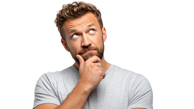 Thoughtful Consideration: A man gazes upwards with a thoughtful expression, hand at his chin, captured in a moment of deep contemplation and introspection.