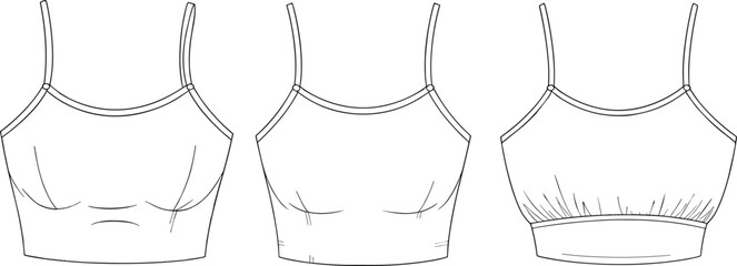 Women's camisole top fashion design, vector technical sketch, flat drawing, seamless bralette template, editable CAD for garment design