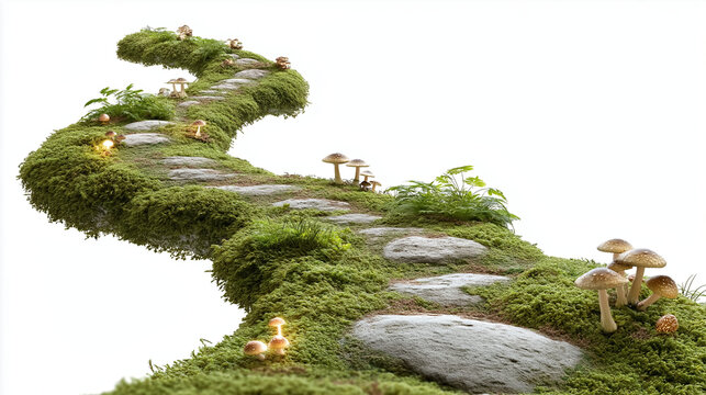 A magical winding forest path composed of mossy stones and surrounded by mushrooms. For fantasy concepts, fairy tales, or whimsical storytelling