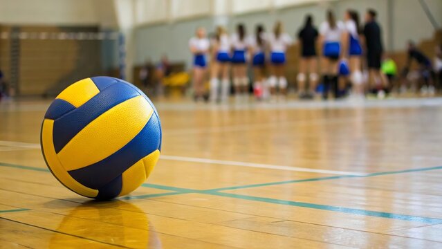 Yellow-blue volleyball resting on gym floor, team of athletes huddled in background, blurred action, indoor sports setting, teamwork, competition energy, focus on the game