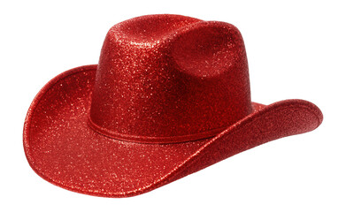 Sparkling red cowboy hat with glitter texture and a wide brim on transparent background.