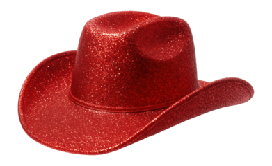 Sparkling red cowboy hat with glitter texture and a wide brim on transparent background.