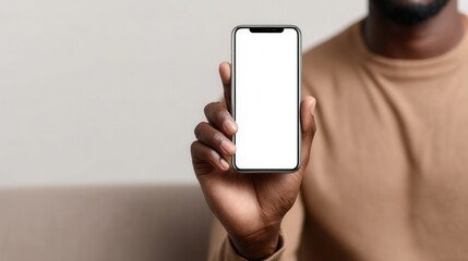 African Man Holding Mobile Phone With Blank Screen Display
