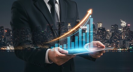 Businessman Holding Tablet with Growth Chart and Cityscape, Business and Financial Success Concept