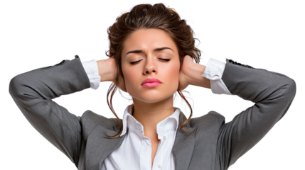 Quietude in the Workplace: A serene business professional blocks out noise by covering ears with hands, embodying peacefulness. Expressing the need for silence and calm during a bustling workday.