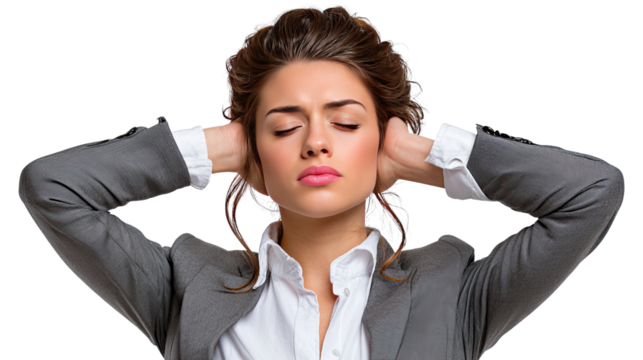 Quietude in the Workplace: A serene business professional blocks out noise by covering ears with hands, embodying peacefulness. Expressing the need for silence and calm during a bustling workday. - Powered by Adobe