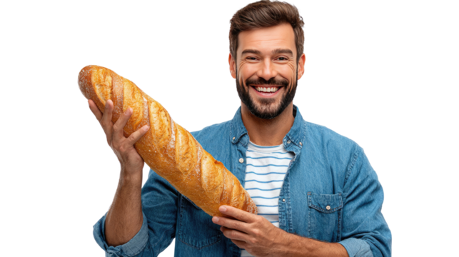 Man and French Bread: A smiling man holds a freshly baked loaf of French bread, a symbol of culinary delight and rustic charm. He exudes warmth and inviting.