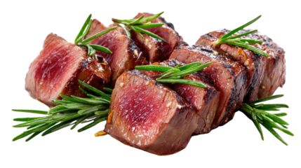 Grilled Steak: A mouthwatering shot of perfectly grilled steak, succulent and tender, garnished with aromatic rosemary, inviting the senses and hinting at a delectable meal.