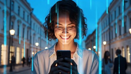 Smiling woman enjoys seamless connectivity on her smartphone in a vibrant smart city with glowing digital data streams showcasing advanced technology and commun - Powered by Adobe