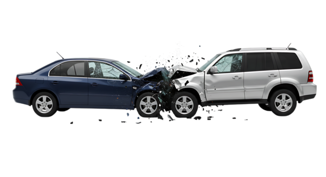 two cars accident crash isolated on white or transparent background. PNG