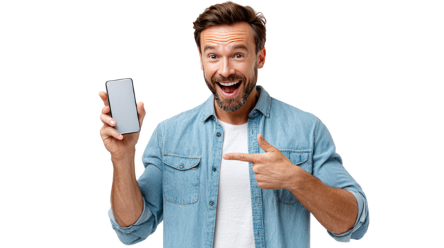 Smart Phone Showcase: An enthusiastic individual showcases a modern smartphone, highlighting its sleek design and impressive features with a cheerful expression.