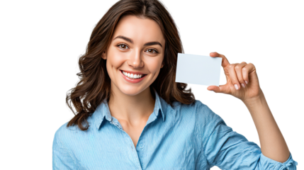 Smiling Woman with Business Card: A charming woman, beaming with a genuine smile, confidently presents a blank business card, exuding an aura of approachability and professionalism.