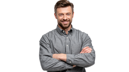 Confident Business Professional: A charismatic, smiling man with crossed arms, exuding confidence and approachability, ideal for representing leadership and expertise.