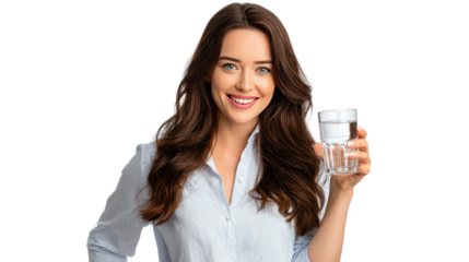 Radiant Hydration: A captivating woman embraces wellness with a glass of clear, pure water in a studio setting. A perfect blend of vitality, well-being, and refreshing simplicity.