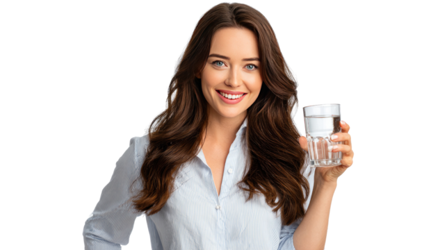 Radiant Hydration: A captivating woman embraces wellness with a glass of clear, pure water in a studio setting. A perfect blend of vitality, well-being, and refreshing simplicity.