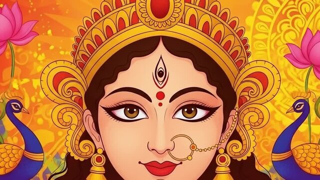 Happy Navratri Festival Greeting Background with Hindu Goddess Durga Face Illustration