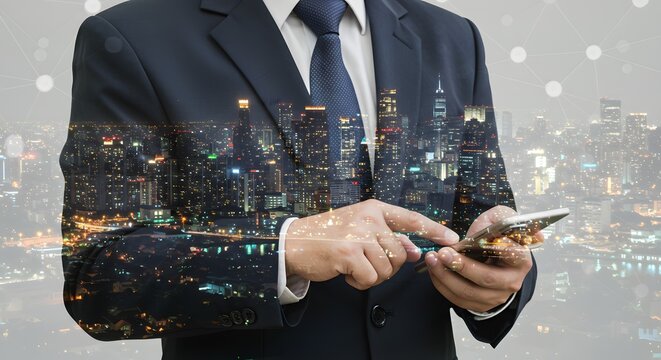 Businessman Using Smartphone with Cityscape Overlay