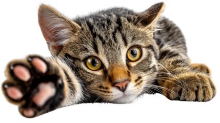 Playful Kitten's Paws Up Close: A charming tabby kitten reaches out with a soft paw, its captivating eyes drawing you into a world of feline curiosity and warmth.