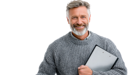 Confident Professional's Assessment: A sophisticated professional, radiating warmth and competence, holding a clipboard and looking forward with a relaxed smile.