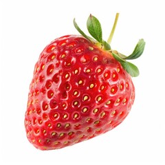 Single ripe strawberry, close-up, isolated on white background.  A vibrant, glossy, crimson red strawberry is angled, displaying its textured surface.  Small, visible seeds dot the skin. 