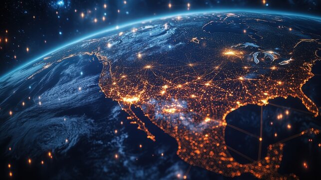 North America from orbit with illuminated digital lines forming a data mesh, advanced network infrastructure theme for 5G, IoT, and cloud technology