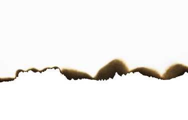 A horizontal burnt paper edge. A grunge page divider or banner border with fire damage texture isolated on white background with clipping path.