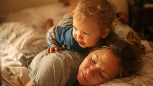 Mother and child sharing a peaceful moment together on a bed, capturing warmth, love, and connection in a cozy atmosphere - Powered by Adobe