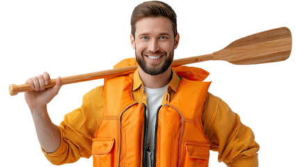 The Adventurous Explorer: A cheerful man with a paddle slung across his shoulder, wearing a life jacket, ready to embark on a water adventure, embodying exploration and fun.