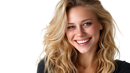 Naklejka premium Radiant smile and captivating allure: A beautiful woman with long, wavy blonde hair, her face alight with a radiant smile, showcases her perfect white teeth, projecting a sense of confidence.