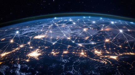 Visualization of a digital communication web over North America, orbiting satellites and ground stations connected by glowing lines, night Earth backdrop