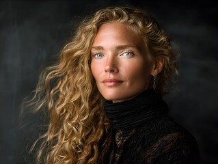 A beautiful blonde woman with curly hair and blue eyes poses against a dark gray textured backdrop portrait.