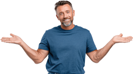 Uncertainty and the Modern Man: A middle-aged man with a charming smile, clad in a simple blue shirt, conveys a gesture of unknowingness. It’s a portrait of natural perplexity.