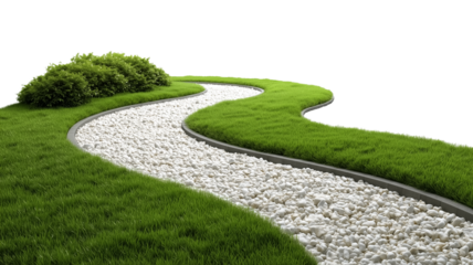 A clean curved garden pathway made of white pebbles, bordered by fresh green grass and small bushes