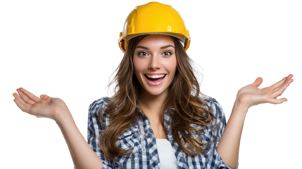 Woman Engineer with a Bright Future: A confident and smiling woman engineer, with a vibrant smile wearing a yellow hard hat and plaid shirt, radiates positivity.