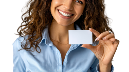 A confident woman with a business card: A charming woman radiates confidence, holding up a blank business card, her bright smile conveying a warm invitation for connection.