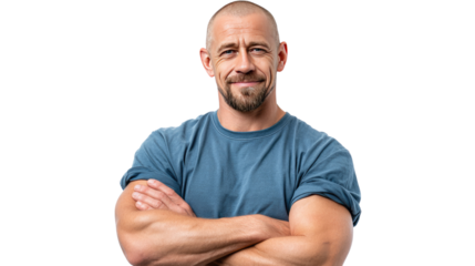 Confident Man with Arms Crossed: A portrait captures a bald man with arms crossed, conveying confidence and strength. A simple background highlights his determined expression and muscular build. 
