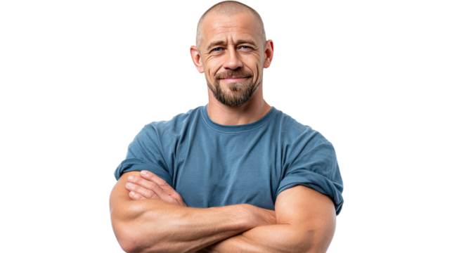 Confident Man with Arms Crossed: A portrait captures a bald man with arms crossed, conveying confidence and strength. A simple background highlights his determined expression and muscular build. 