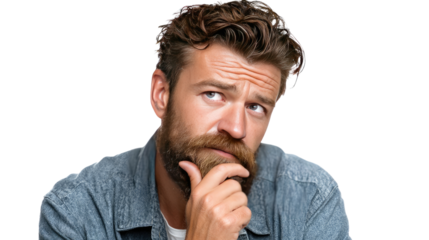 Man in Thought: A close-up captures a thoughtful man in a denim jacket, a well-groomed beard, and intense gaze as he contemplates a decision or dilemma.