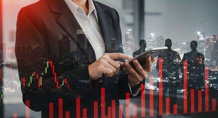 Businesswoman using smartphone, financial analysis and stock market trading concept