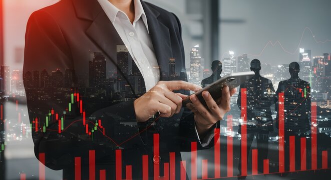 Businesswoman using smartphone, financial analysis and stock market trading concept - Powered by Adobe